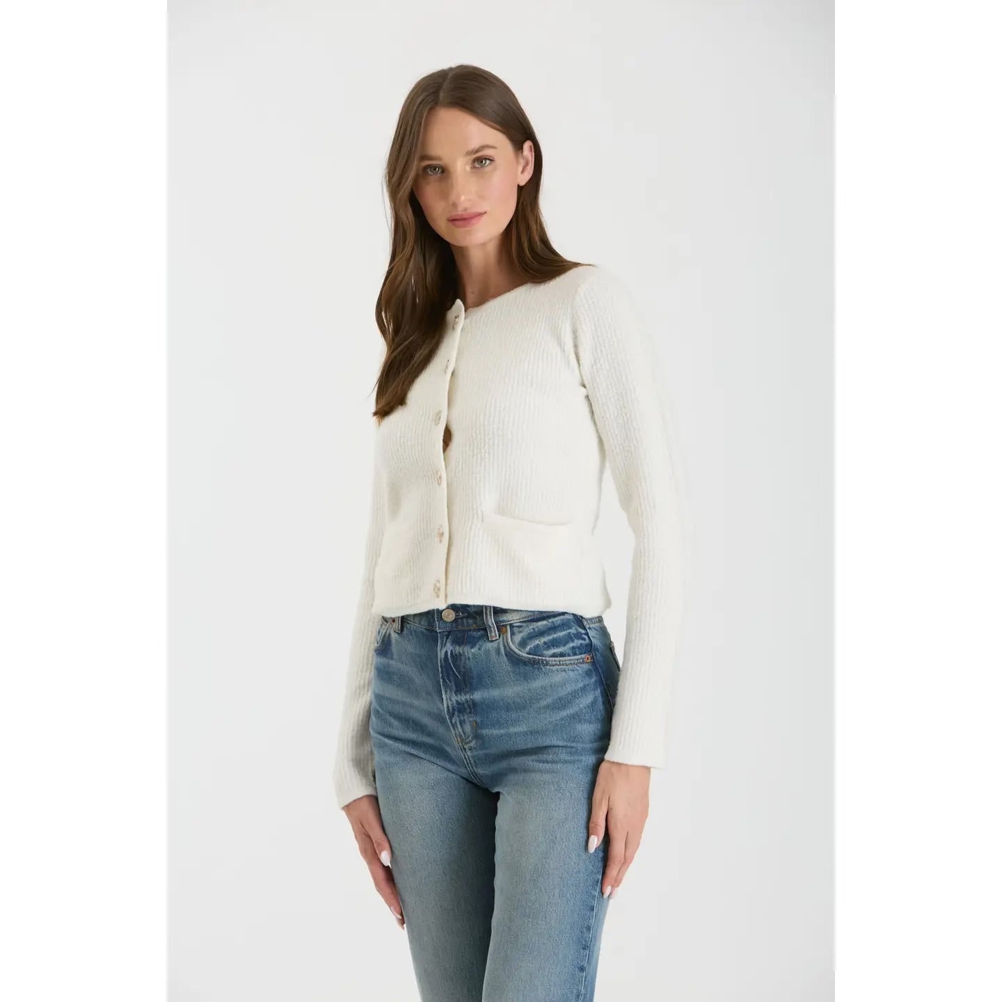 Ivory Round Neck Gold Button Knit Cardigan