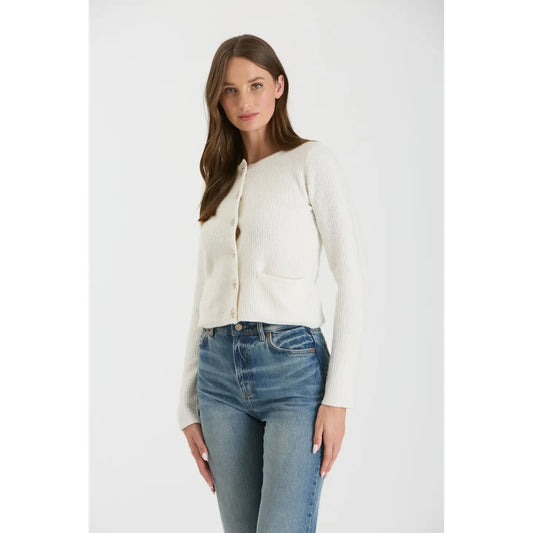 Ivory Round Neck Gold Button Knit Cardigan