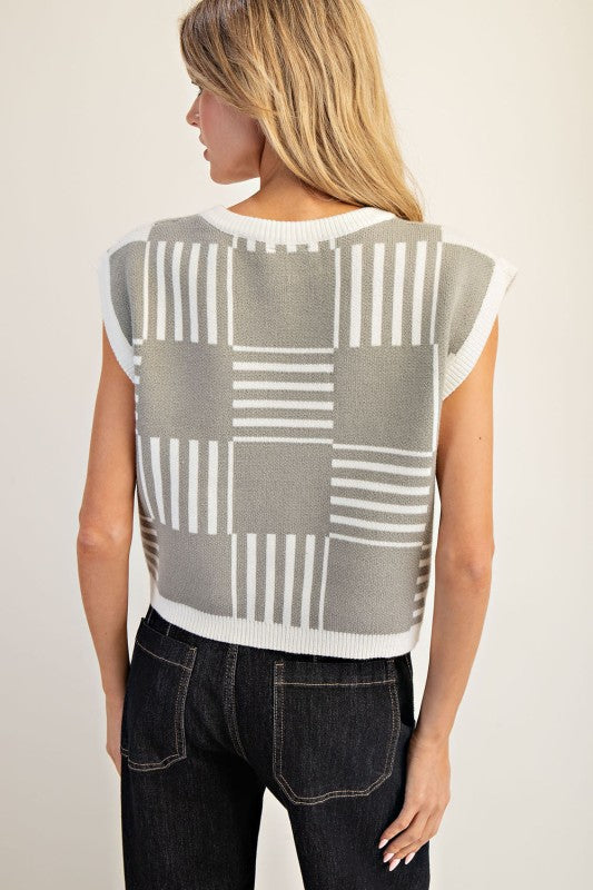 Checker Striped Sleeveless Cropped Sweater