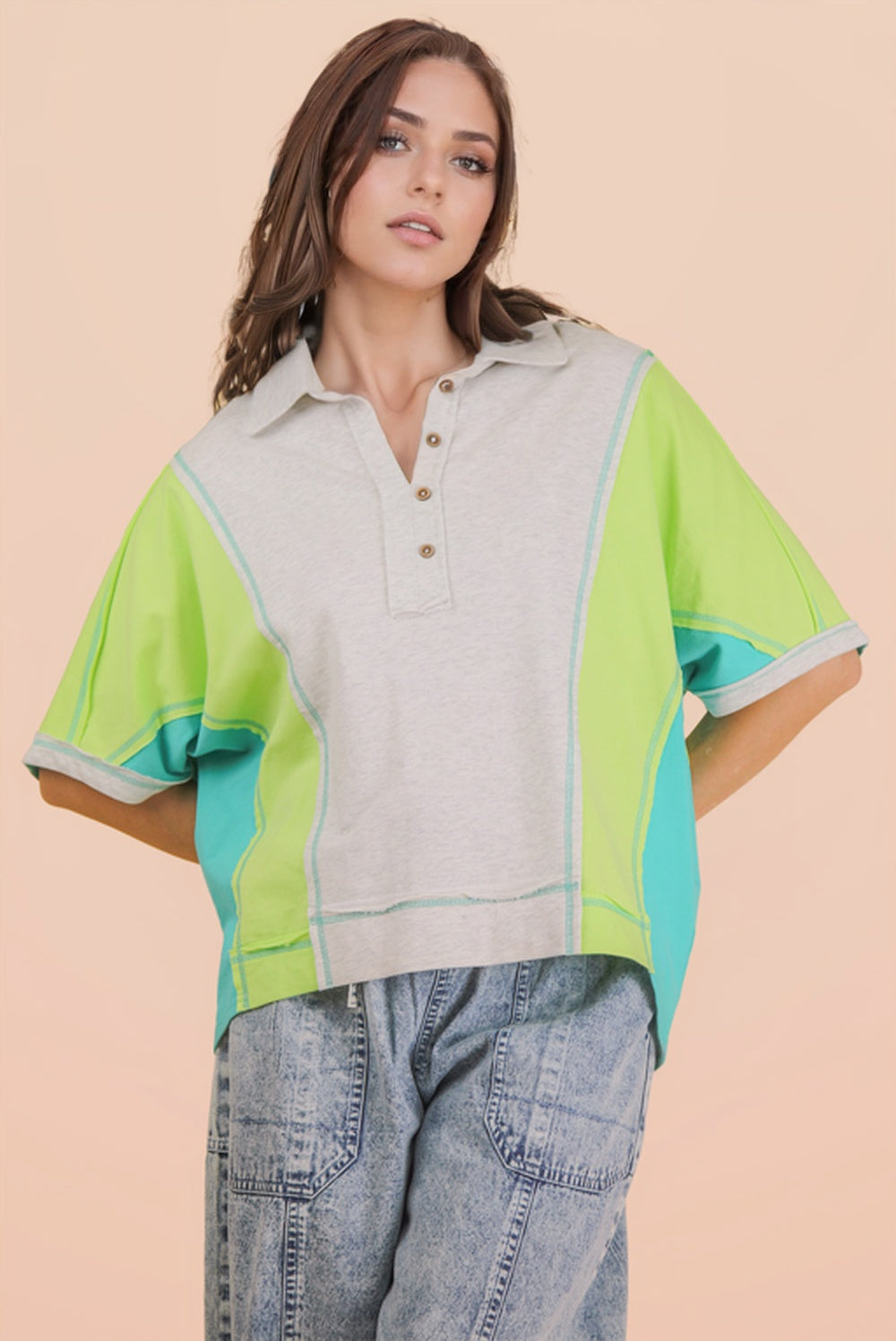 Oversized Dolman Sleeve Lime Color Block Top