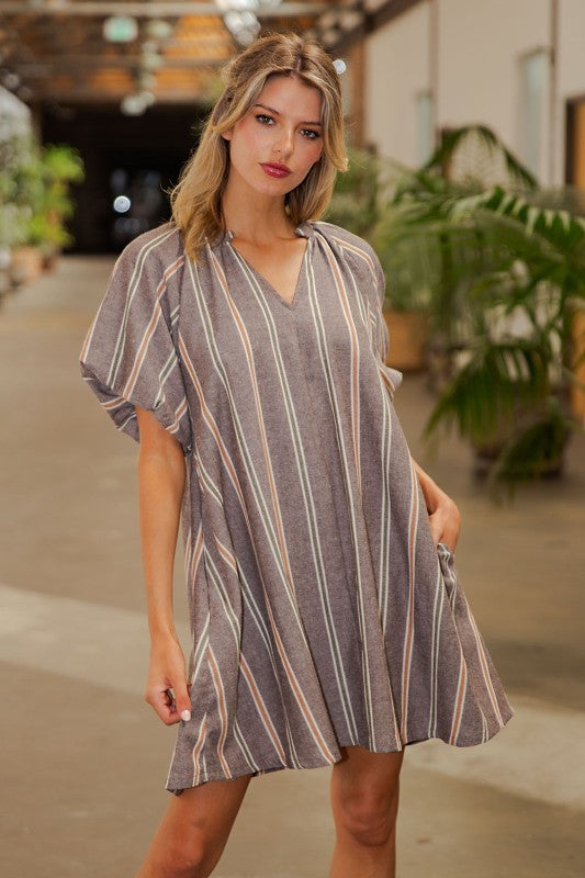 Striped V-neck Pocket Mini Dress