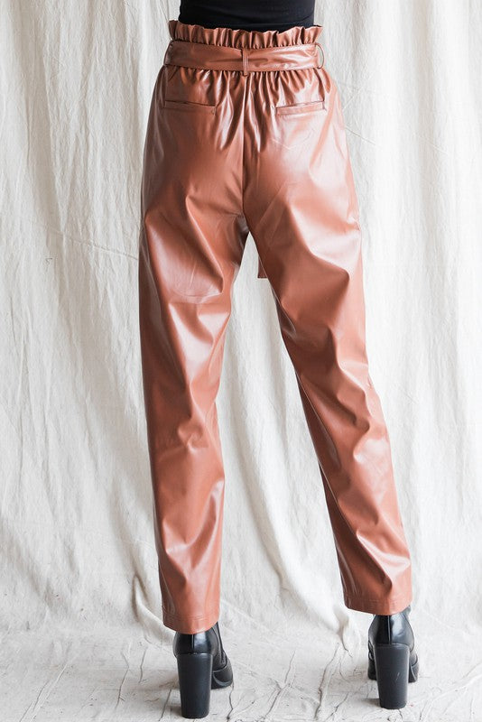 Metallic Pleather belted waist pants