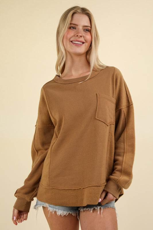 VERY J - Contrast French Terry Knit Oversized Casual Comfy Top