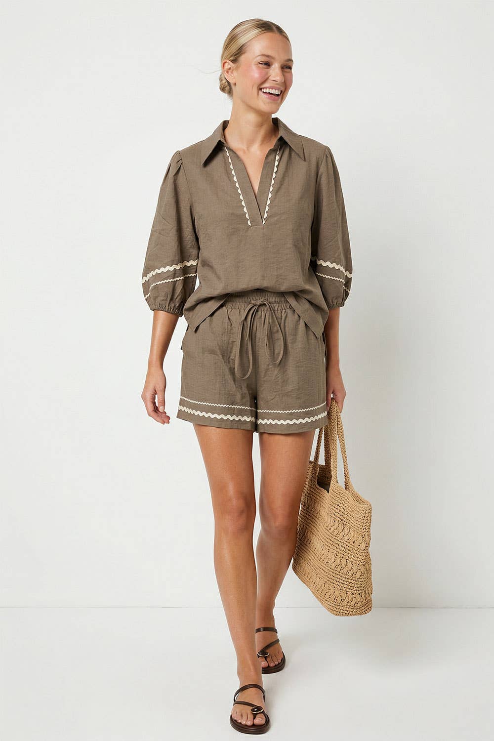 Contrast Trim Puff Sleeve Linen Blouse