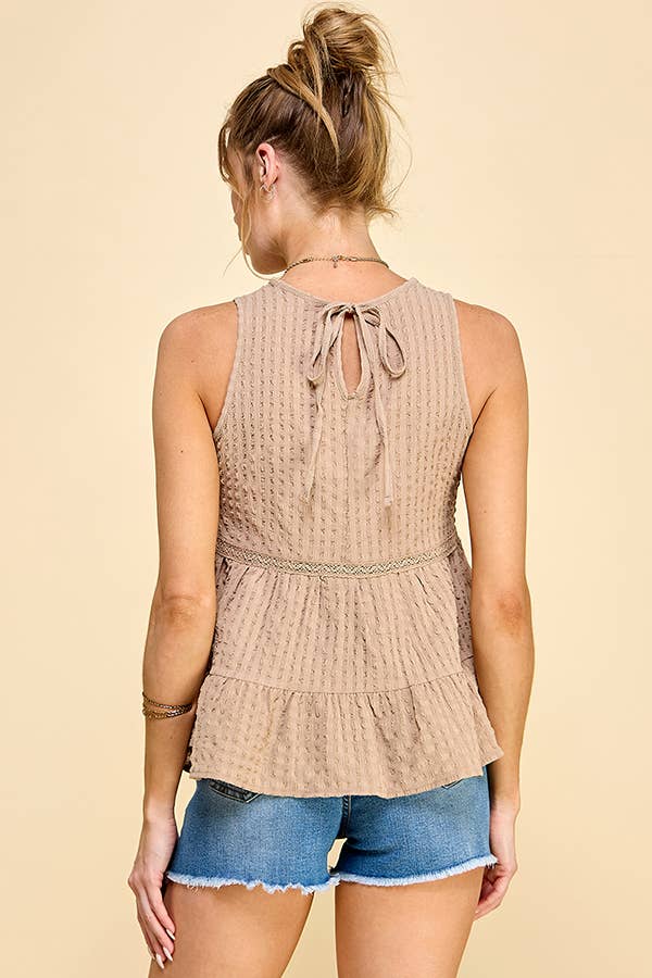 WK50480 - BABYDOLL TIER BUBLLE WOVEN TOP WITH TIE BACK