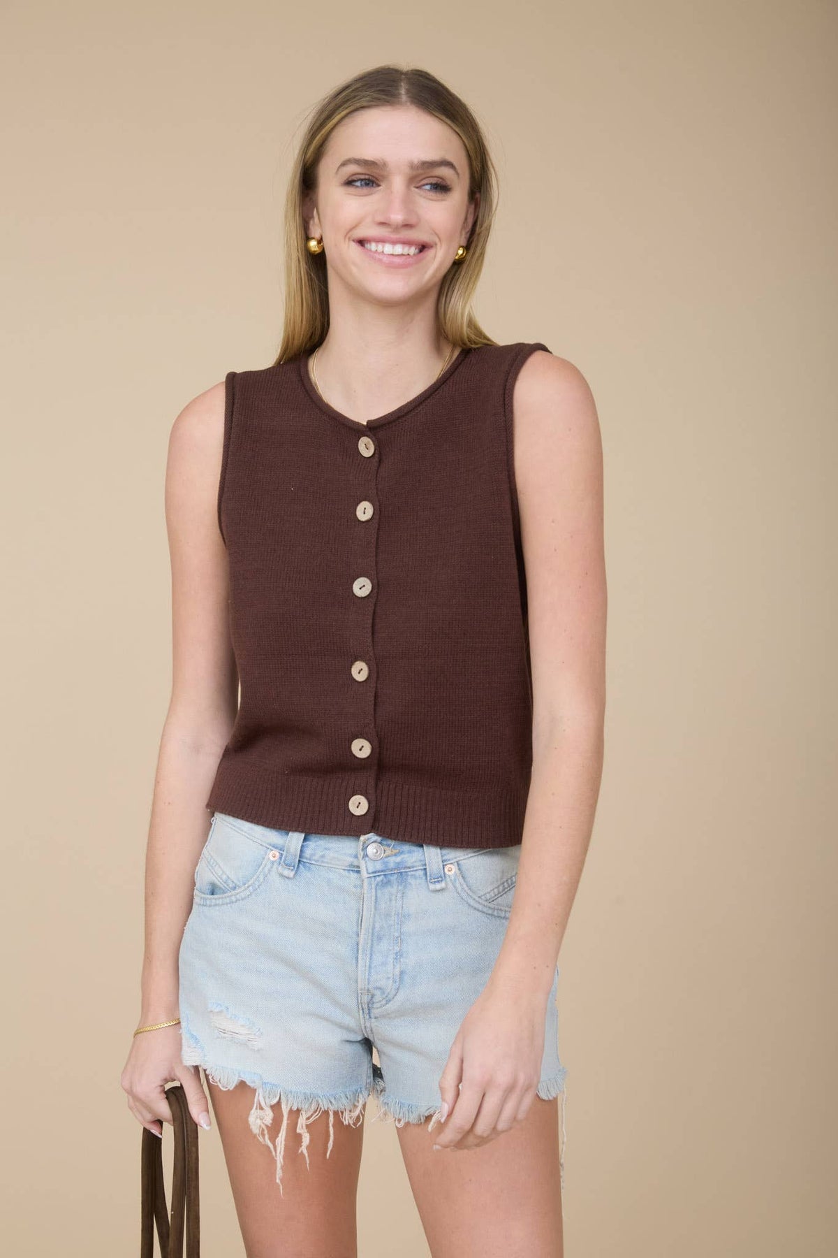 RAW EDGE BUTTON DOWN KNIT CARDIGAN VEST TOP