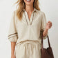 Contrast Trim Puff Sleeve Linen Blouse
