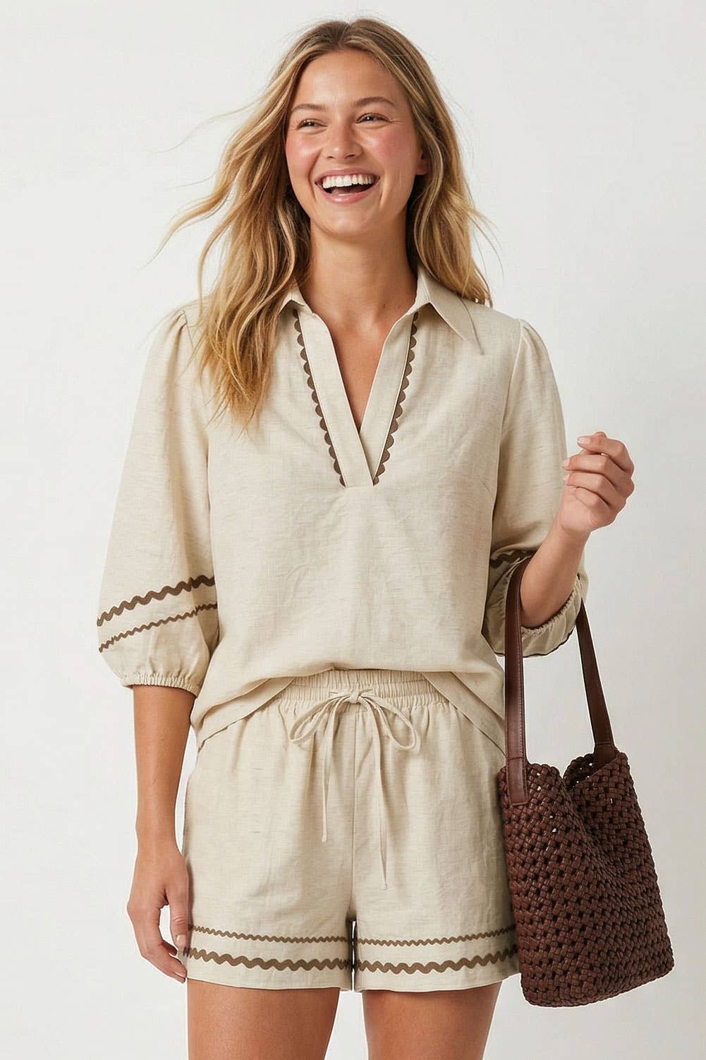 Contrast Trim Puff Sleeve Linen Blouse