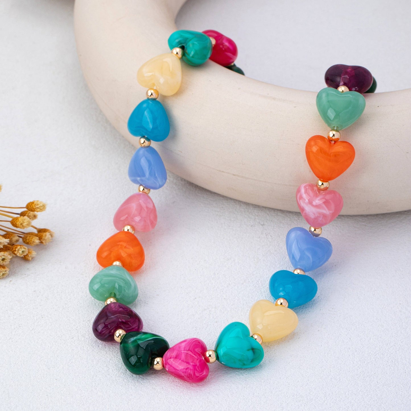 Multi-Color Resin Heart Bead Necklace