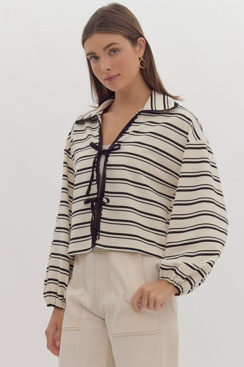 Stripe Long Sleeve Collared Cropped Cardigan