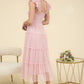 POLKA DOT CHIFFON SMOCKED TIERED MIDI DRESS