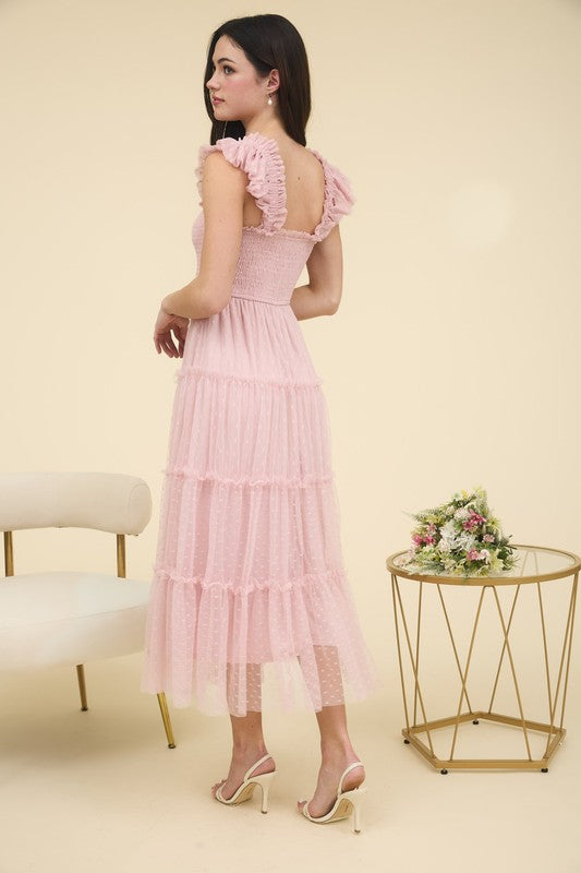 POLKA DOT CHIFFON SMOCKED TIERED MIDI DRESS