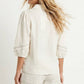 Contrast Trim Puff Sleeve Linen Blouse