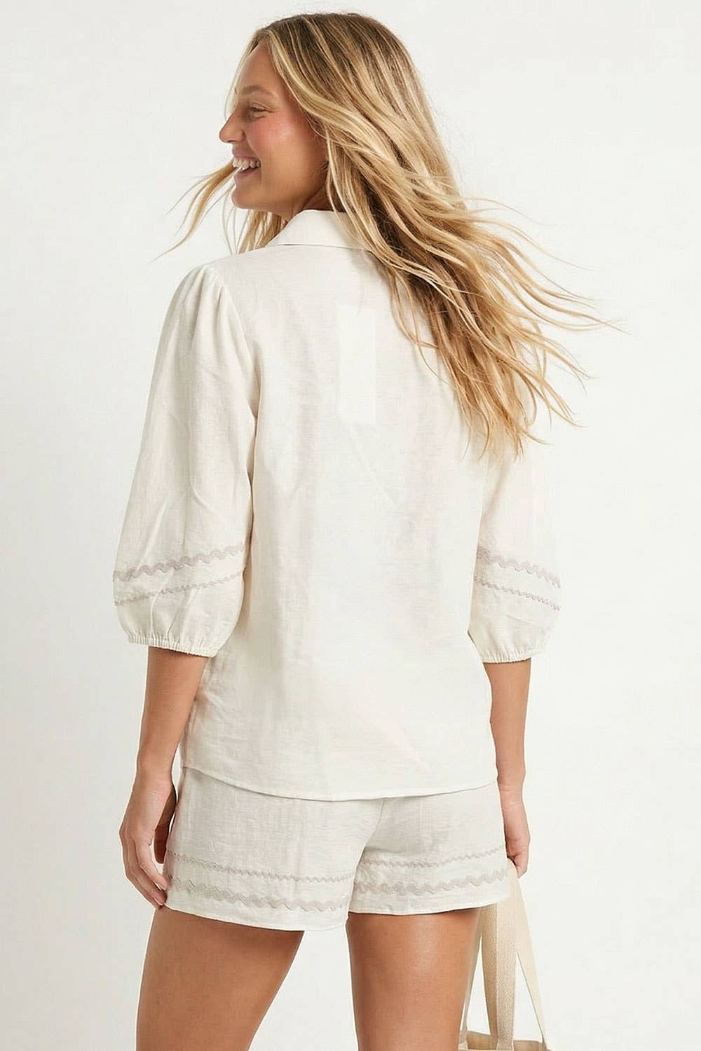 Contrast Trim Puff Sleeve Linen Blouse