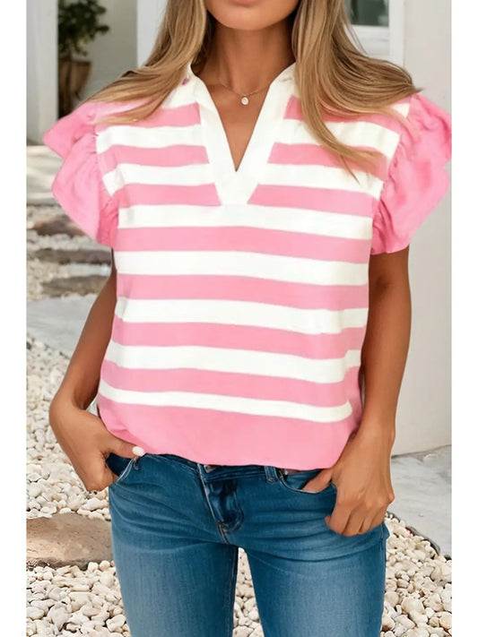 Stripe Ruffled V Neck Cap Puff Sleeve Top
