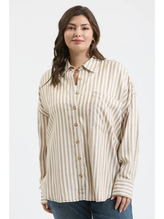 BLU PEPPER - Plus Stripe Collared Button Down Long Sleeve Shirt