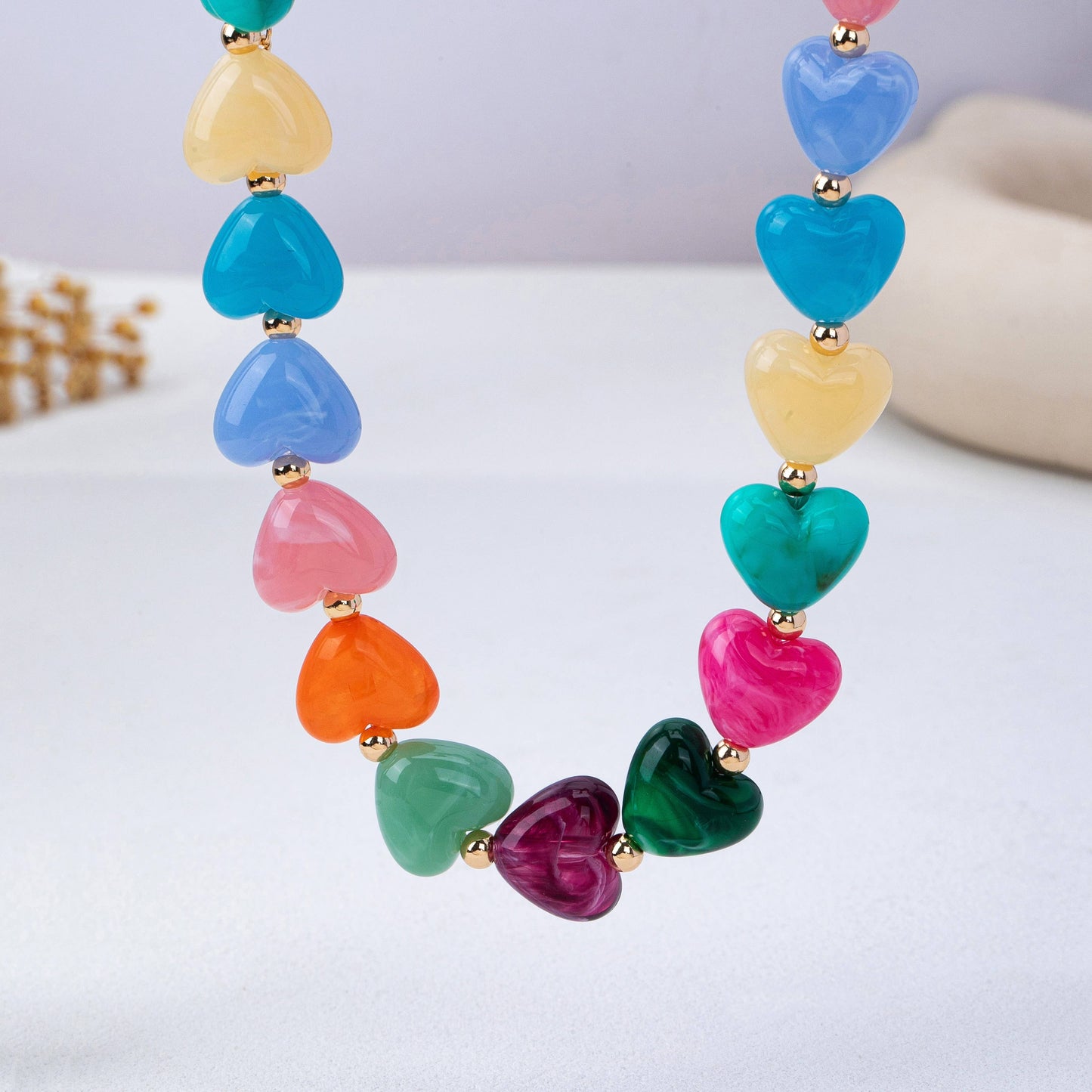 Multi-Color Resin Heart Bead Necklace