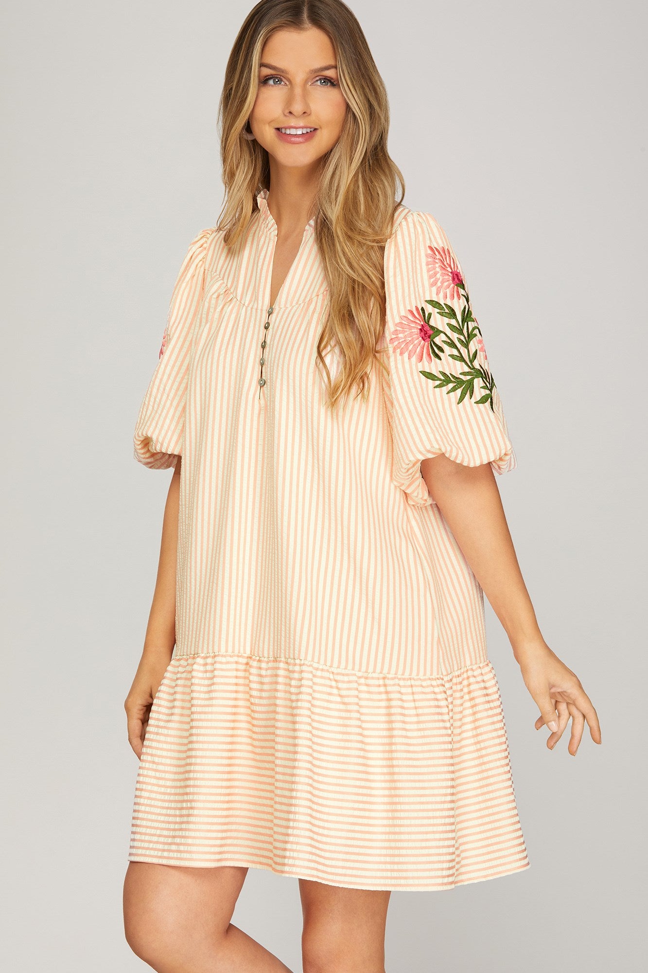 Embroidered Sleeve Pinstripe Dress