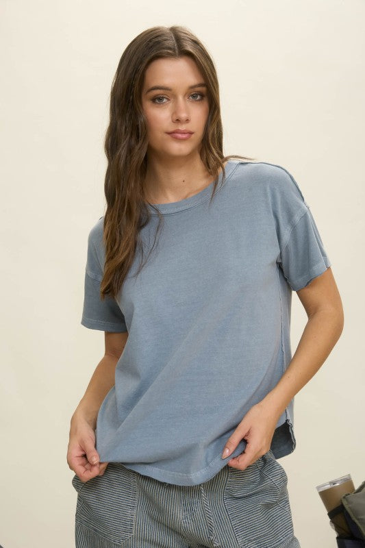 Exposed Seam Raw Edge Short Sleeve Top