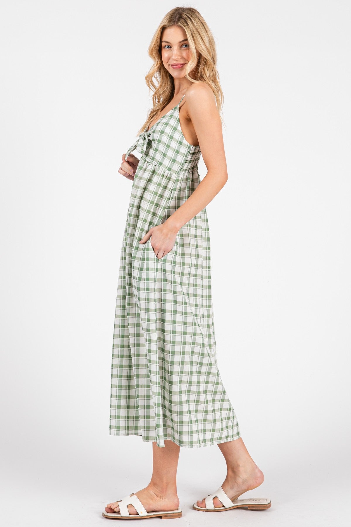 Checkered Front Tie Detailed Midi Dress