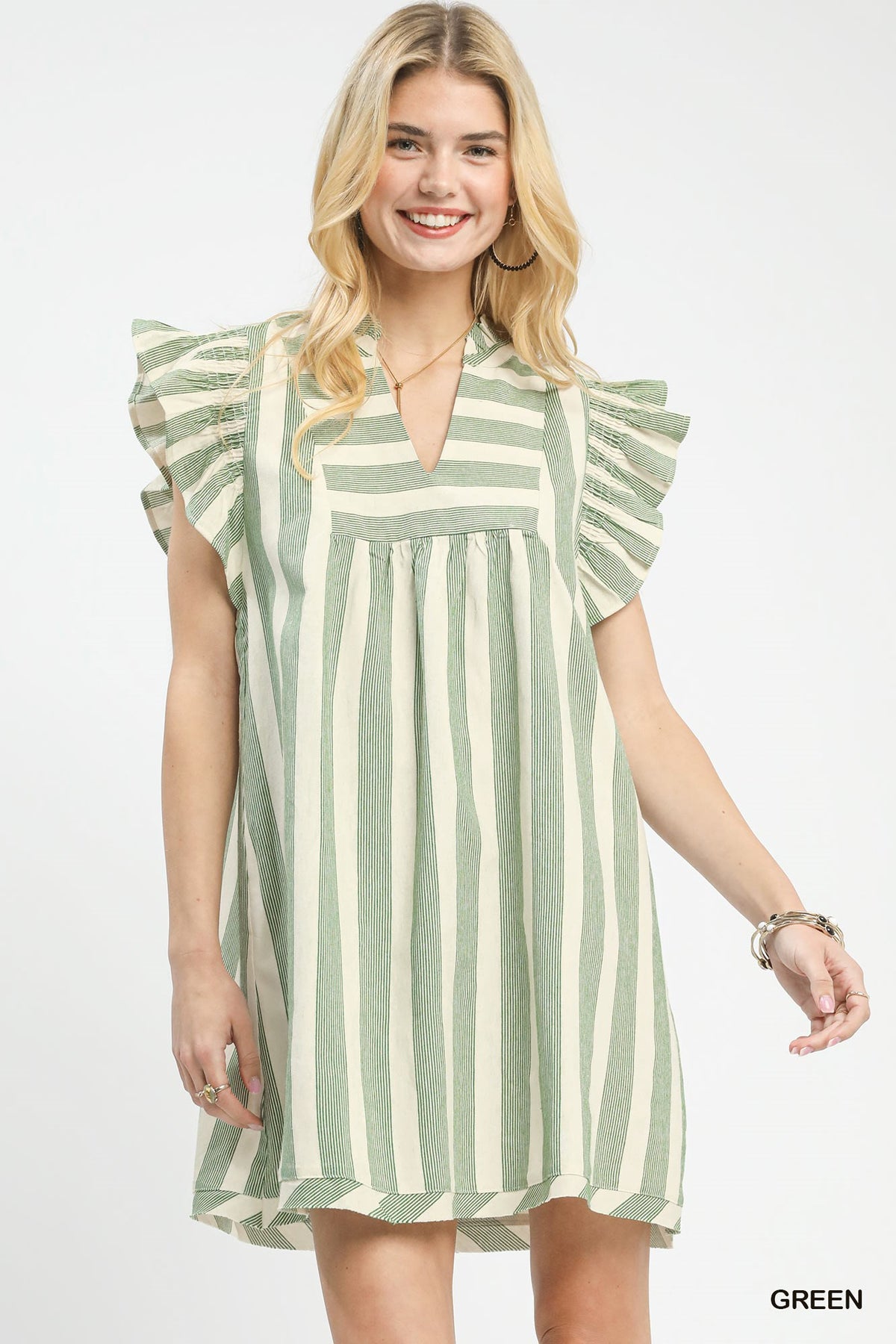 Green Stripe Smocked Flutter Dress