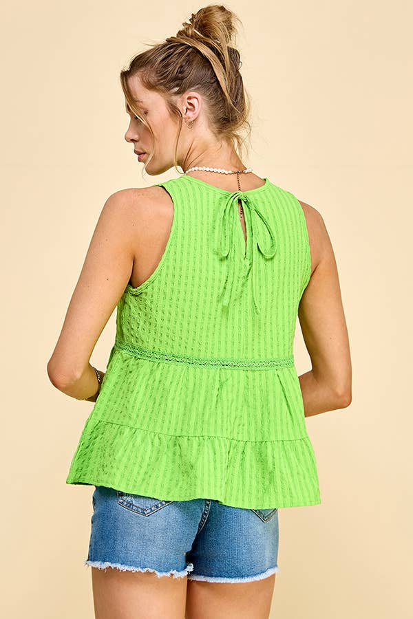 WK50480 - BABYDOLL TIER BUBLLE WOVEN TOP WITH TIE BACK