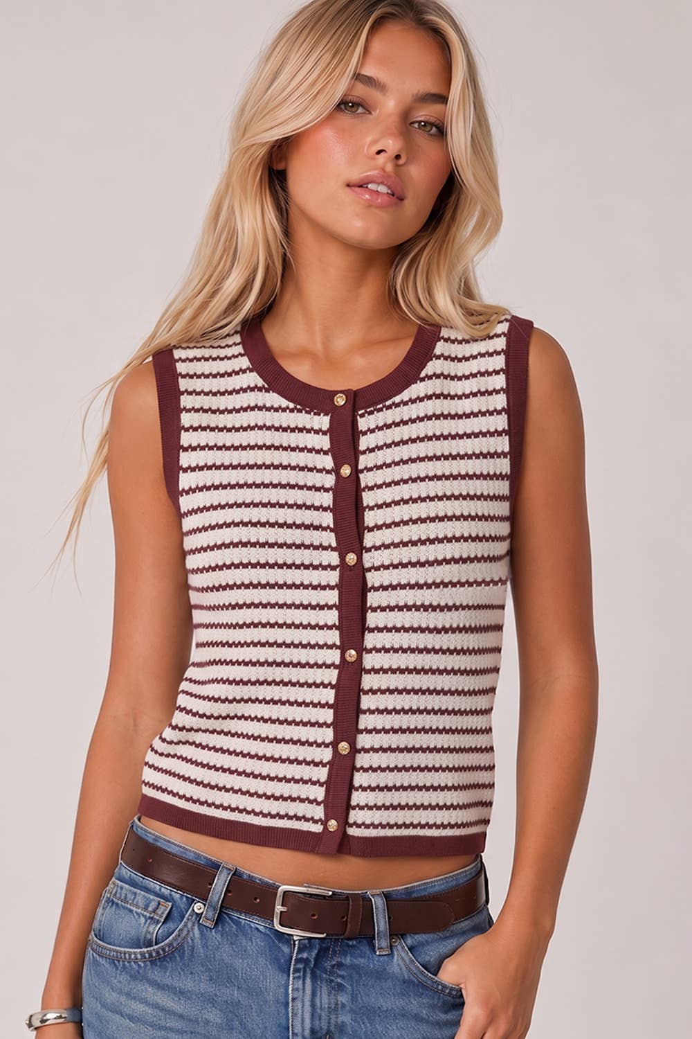 NT12503-Stripe Knit Button Down Top