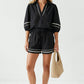 Contrast Trim Puff Sleeve Linen Blouse