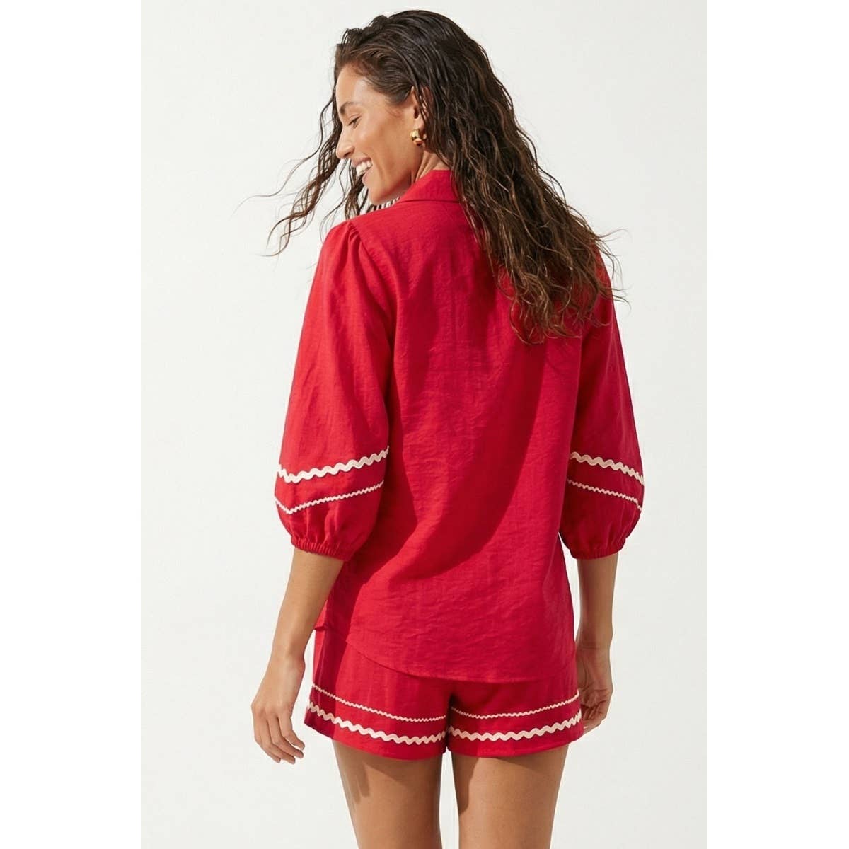 Contrast Trim Puff Sleeve Linen Blouse