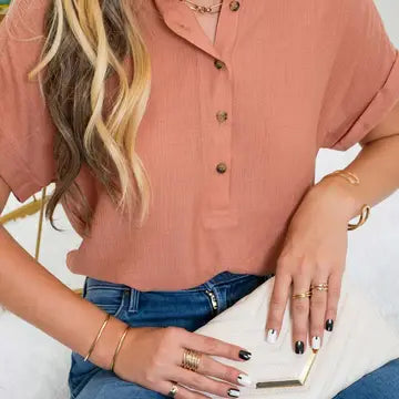 BP Mid Button Down Cuffed Short Sleeve Top