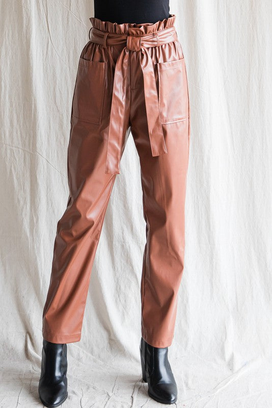 Metallic Pleather belted waist pants