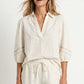 Contrast Trim Puff Sleeve Linen Blouse
