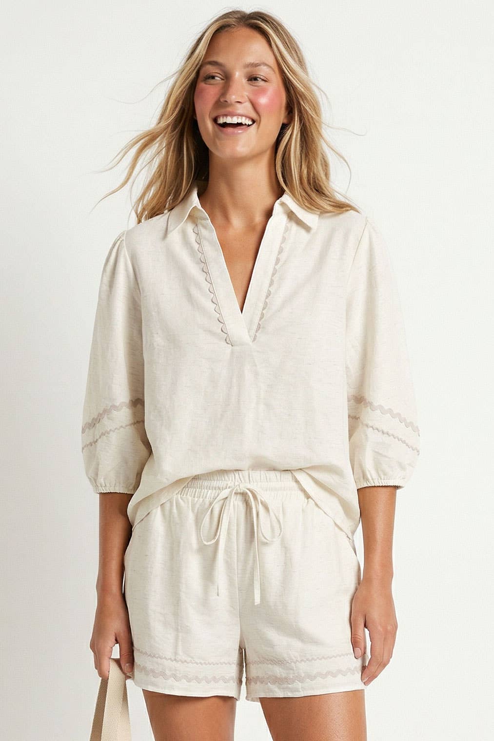 Contrast Trim Puff Sleeve Linen Blouse
