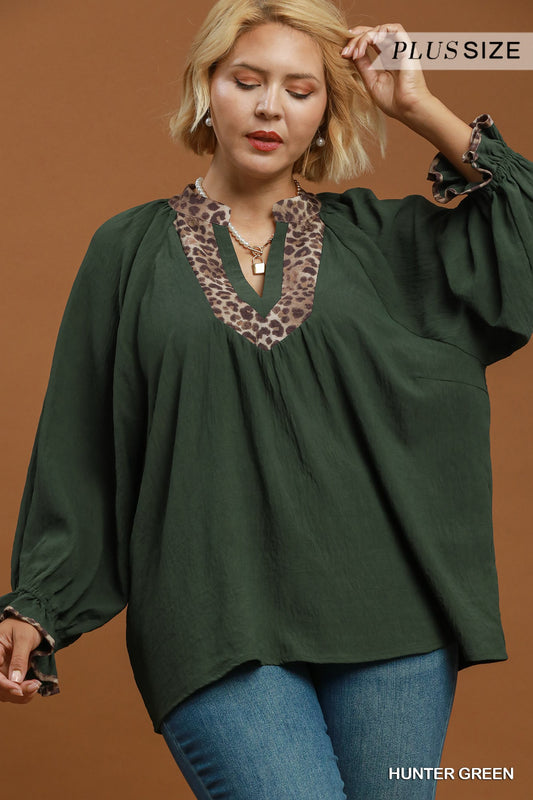 PLUS Open Collared Leopard Detail Blouse