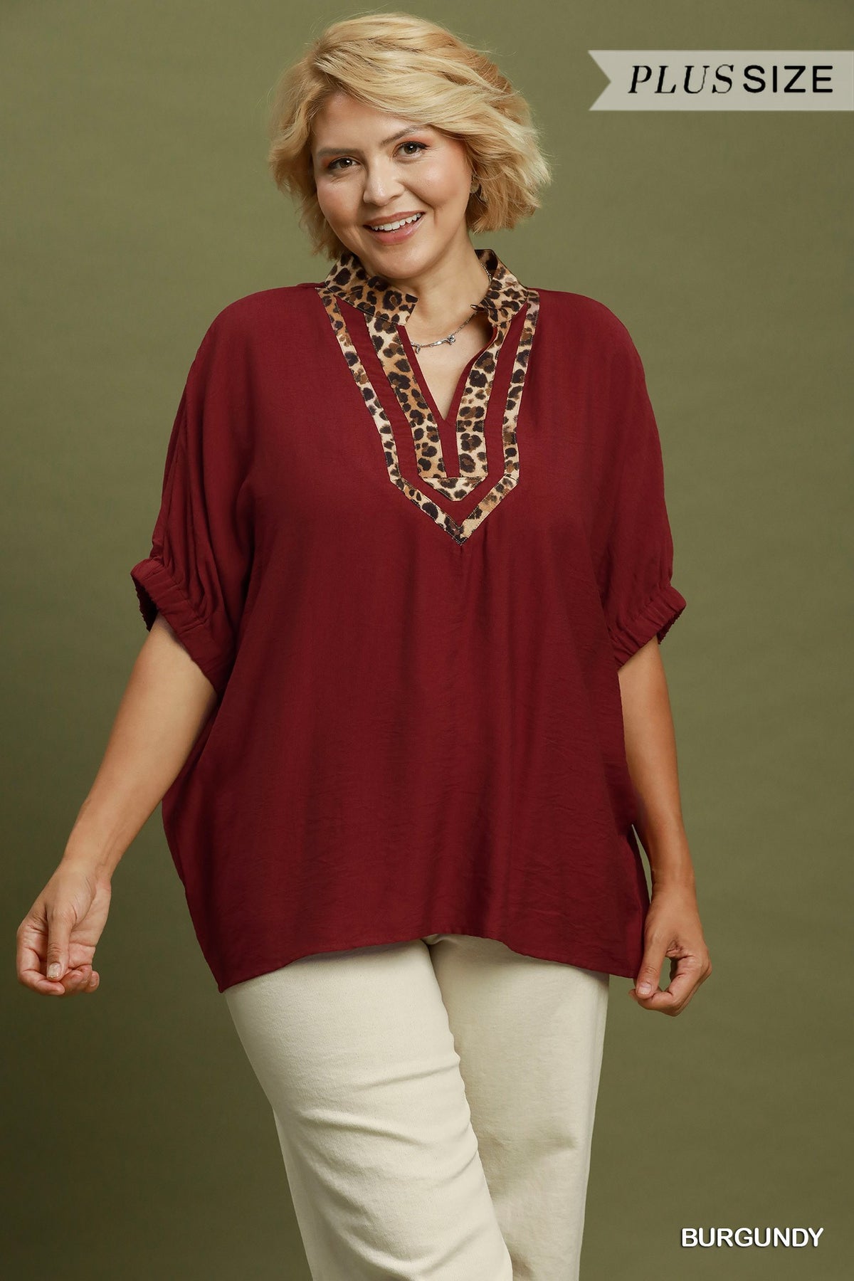 PLUS Open Collared Leopard Detail Blouse