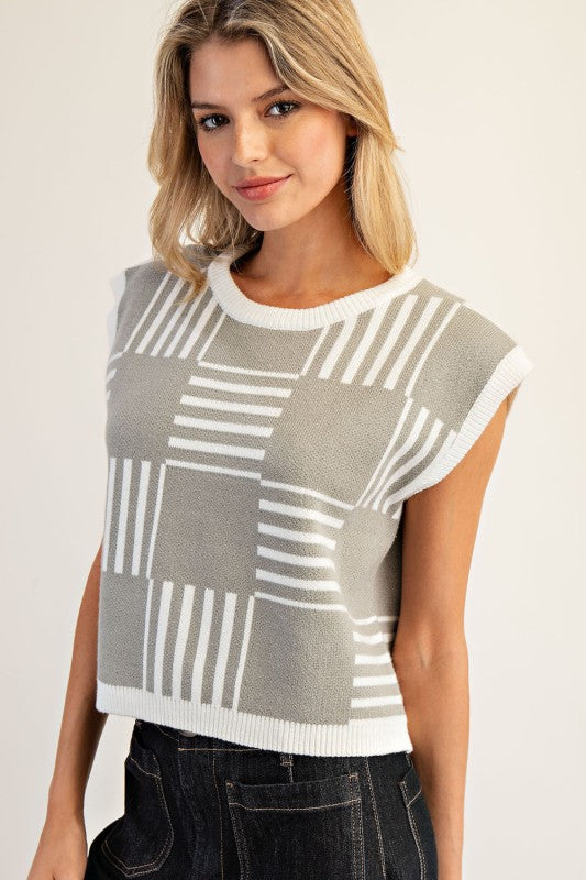 Checker Striped Sleeveless Cropped Sweater