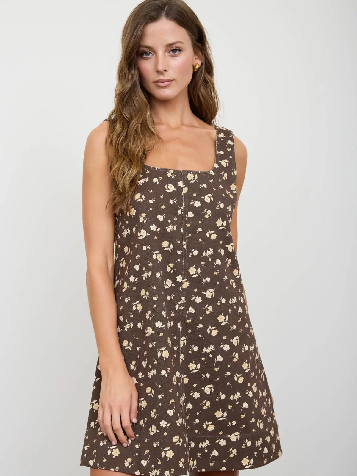 Floral Front Seam Sleeveless Denim Mini Dress