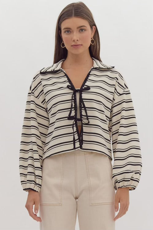 Stripe Long Sleeve Collared Cropped Cardigan