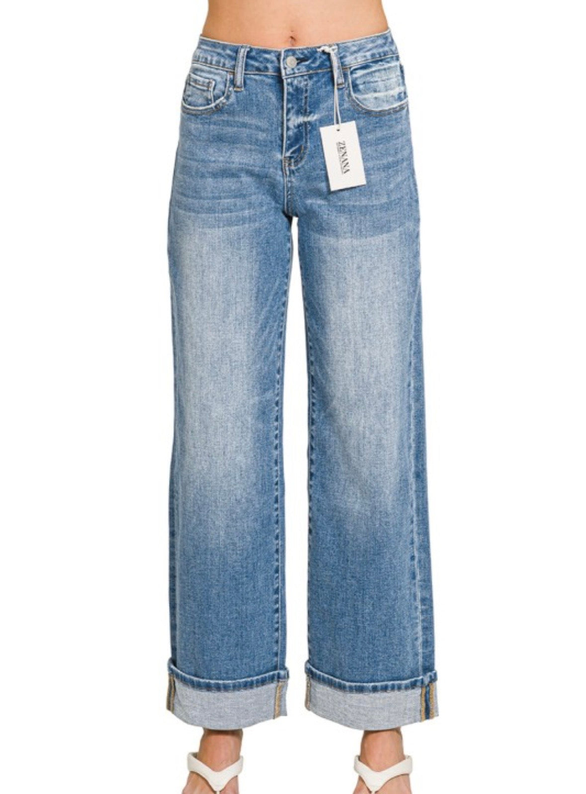 Solid Cuff Wide Leg Jeans