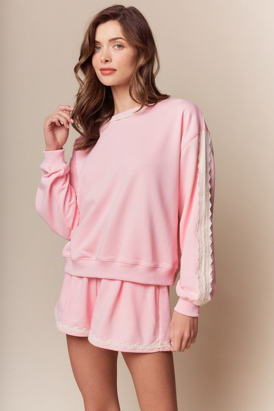 Pink Lace Trim Lounge Set