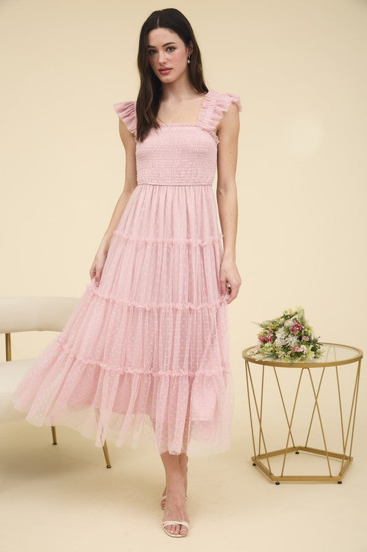 POLKA DOT CHIFFON SMOCKED TIERED MIDI DRESS