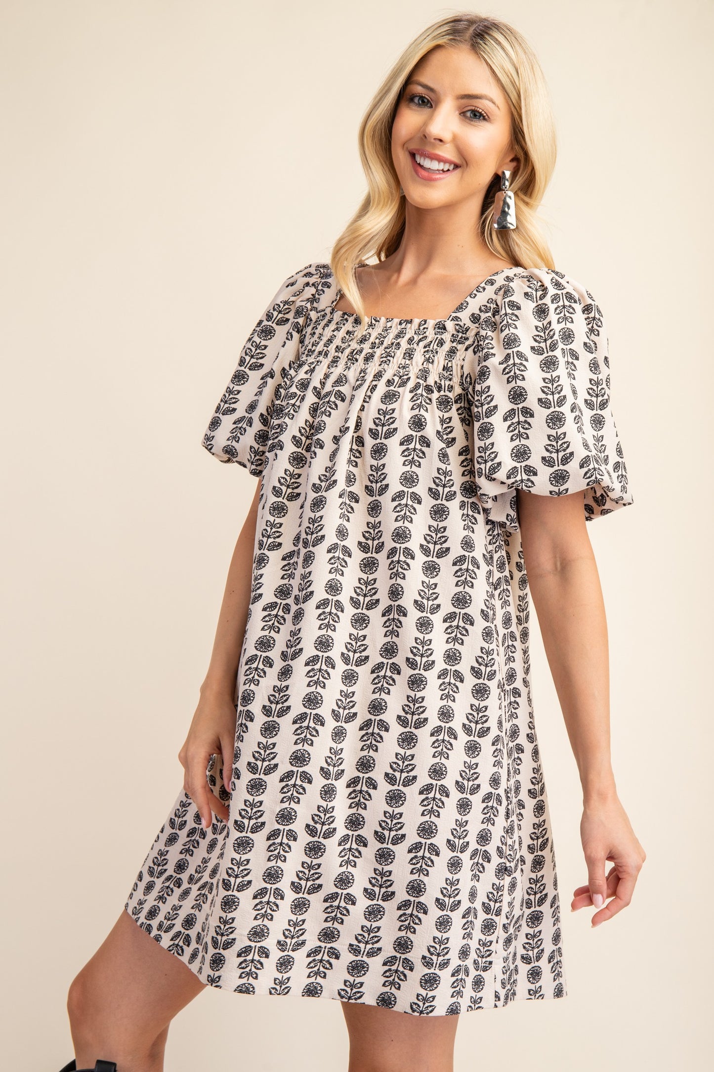 GIGIO cream printed square neck dress