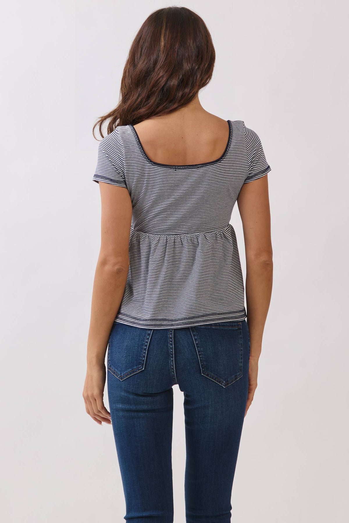 JT57348S - STRIPE SQUARE NK HENLEY BABYDOLL TEE
