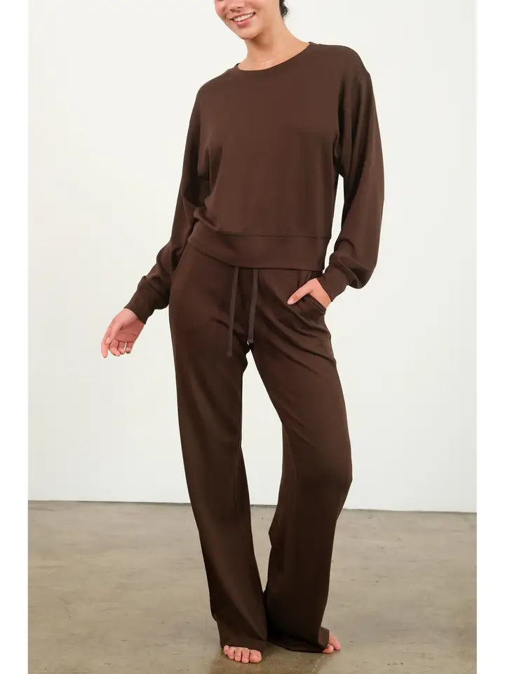 DOUBLE ZERO High Waist Wide Leg Drawstring Sweatpants - Chocolate Brown