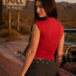 REVERSIBLE FUNNEL NECK SCRUNCH KNIT TOP