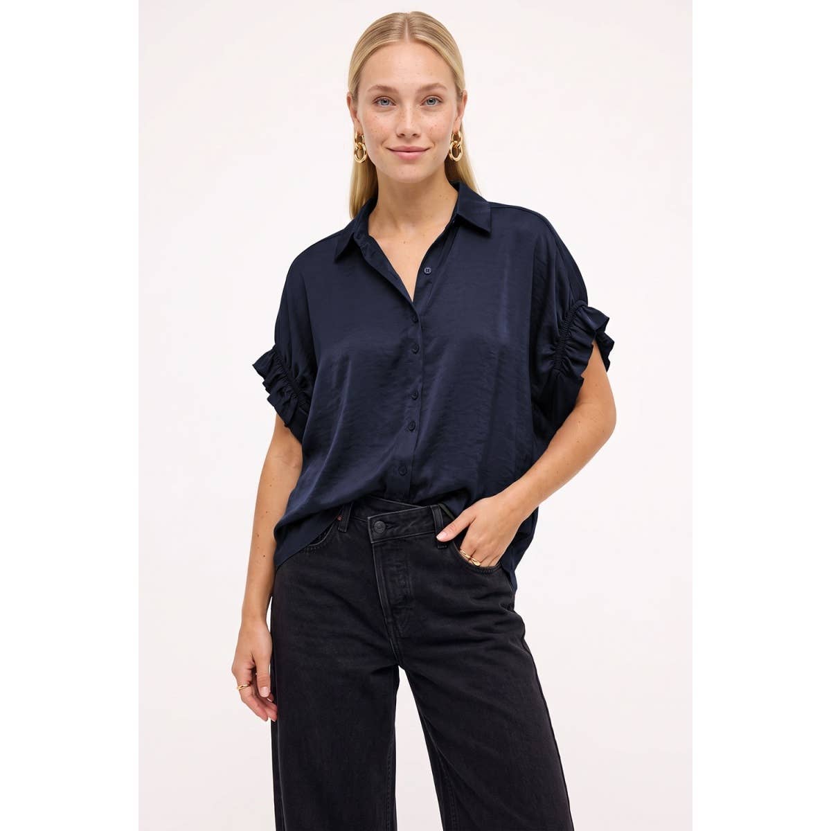Short Ruffle Sleeve Button-up Blouse