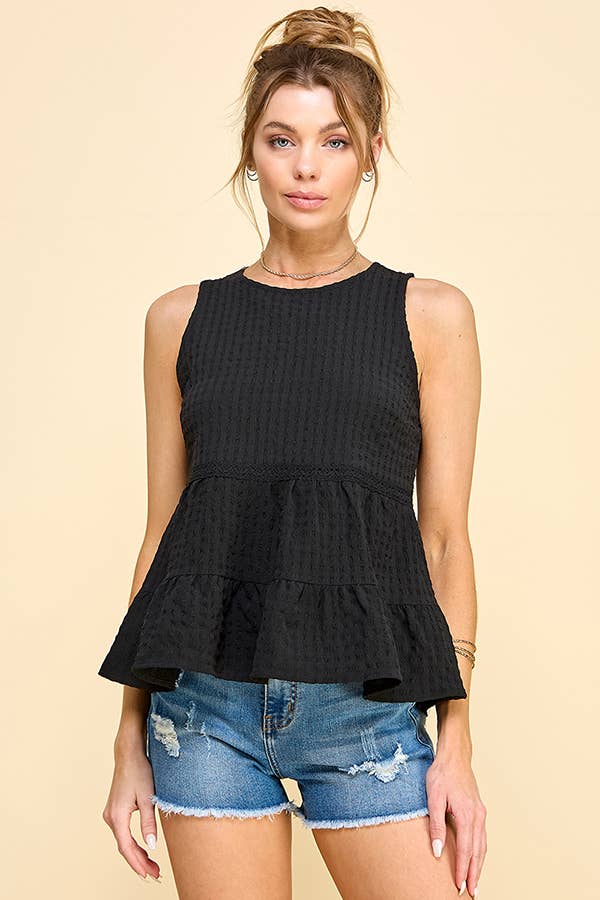 WK50480 - BABYDOLL TIER BUBLLE WOVEN TOP WITH TIE BACK