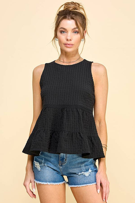 WK50480 - BABYDOLL TIER BUBLLE WOVEN TOP WITH TIE BACK