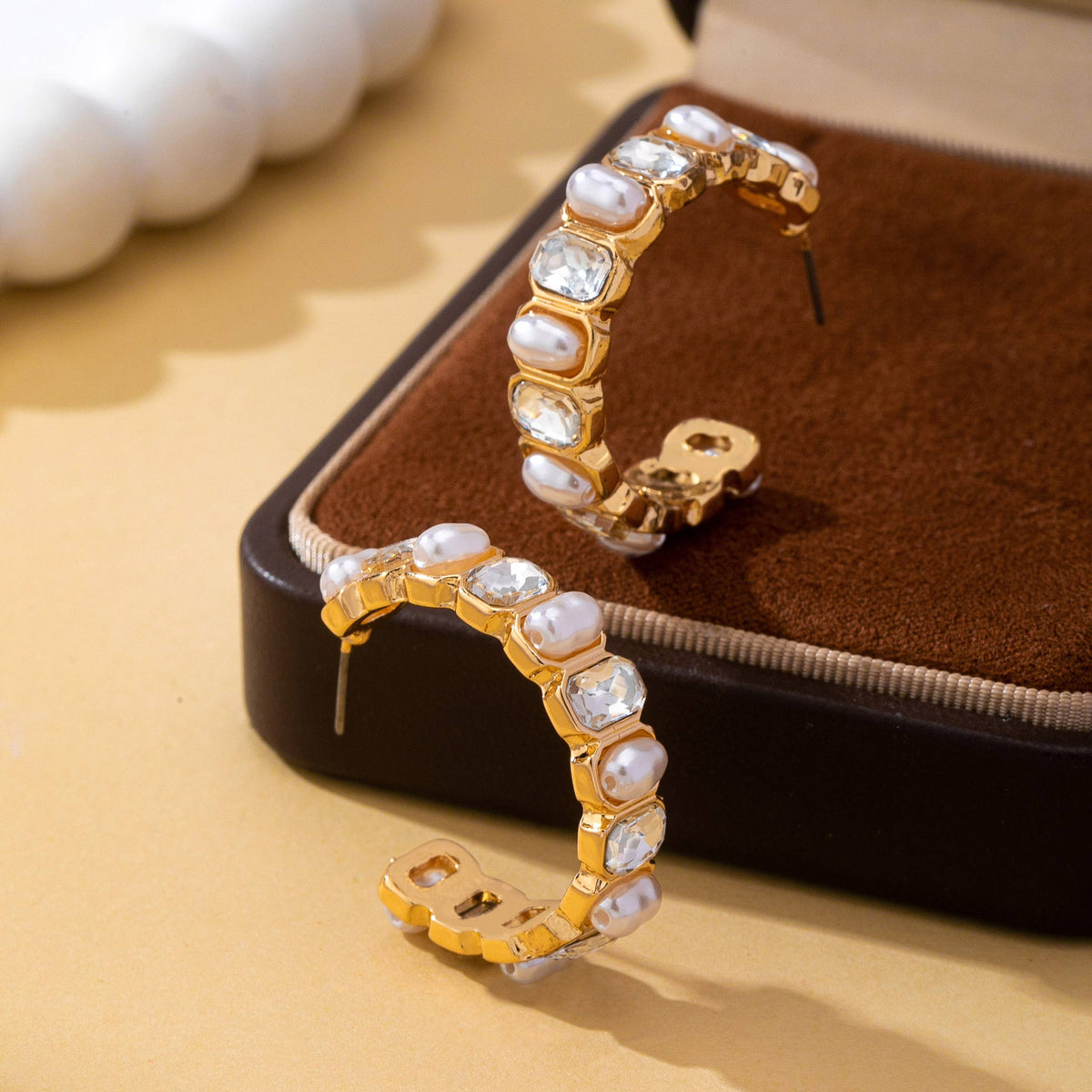 Alternating Pearl and Rhinestone Hoop Earrings | 80E63136
