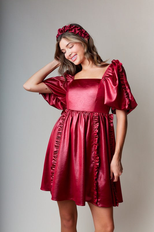 Leather Effect Puff Sleeve Dress